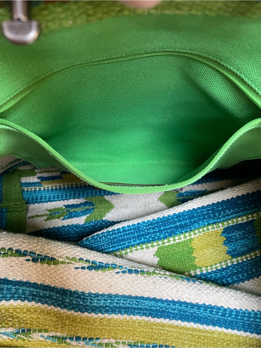 Woven Green & Blue Stripe Tote Bag with Leather Straps - Picture 9 of 15